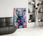 Pop-graffiti glass print bringing urban-art edge to a gaming room