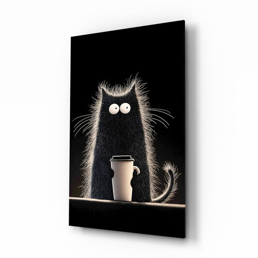 Coffee Lover Cat glass wall art in a modern coffee bar