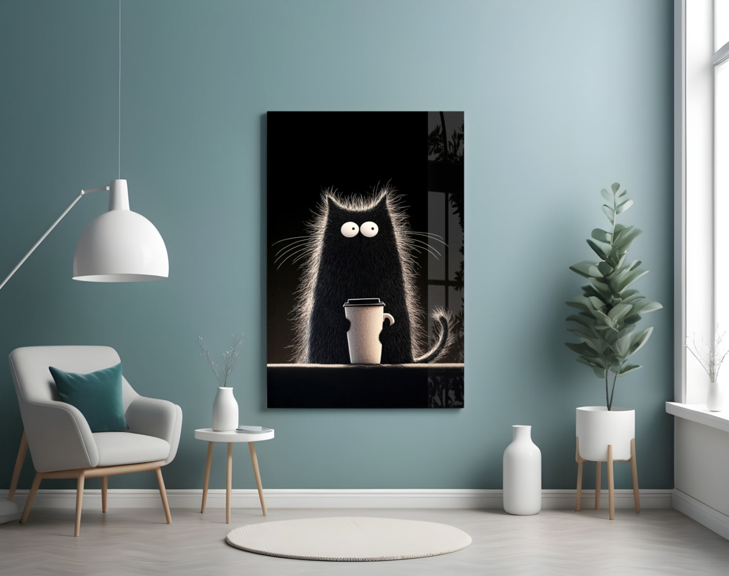 Coffee Lover Cat Glass Wall Art || Designer Collection