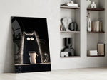 Cat panel against a moody dark-painted accent wall