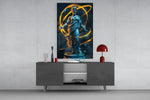 Neon Venus gold glass wall art catching light to reveal its painted rings