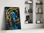 Statue panel against a moody dark-painted accent wall