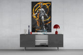 Neon Venus amber glass wall art catching light to reveal its painted rings