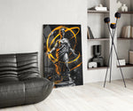 Classical-cyber glass print bringing neon edge to a foyer