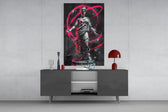 Neon Venus magenta glass wall art catching light to reveal its painted rings
