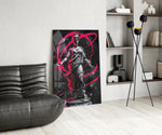 Classical-cyber glass print bringing magenta edge to a foyer