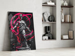 Statue panel against a moody dark-painted accent wall