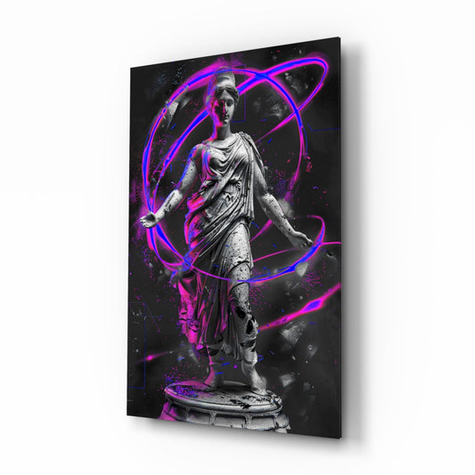 Neon Venus magenta-cobalt glass wall art in a modern creative loft