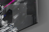 Designer-collection artwork in a synthwave-leaning home interior