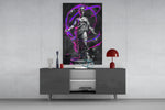Neon Venus magenta-cobalt glass wall art catching light to reveal its painted rings