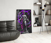 Classical-cyber glass print bringing synthwave edge to a foyer