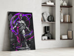 Statue panel against a moody dark-painted accent wall