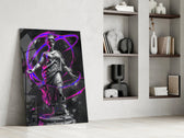 Statue panel against a moody dark-painted accent wall