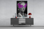 Striped Look magenta glass wall art catching light to reveal its painted lines