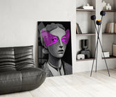 Editorial glass print bringing illustrative edge to a modern living room