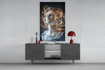 Shining Mind of Aurelius glass wall art catching light to reveal its painted filaments