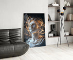 Classical-cyber glass print bringing philosopher edge to a library nook