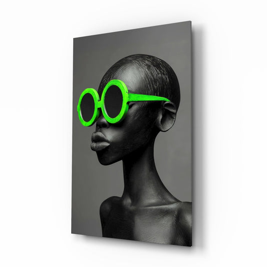 Faces of Colors lime glass wall art in a modern boutique