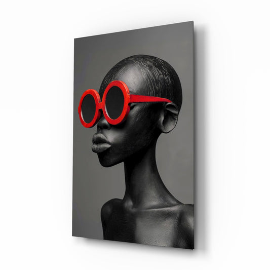 Faces of Colors scarlet glass wall art in a modern boutique