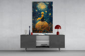 Little Prince Starry Night glass wall art catching light to reveal its painted swirls