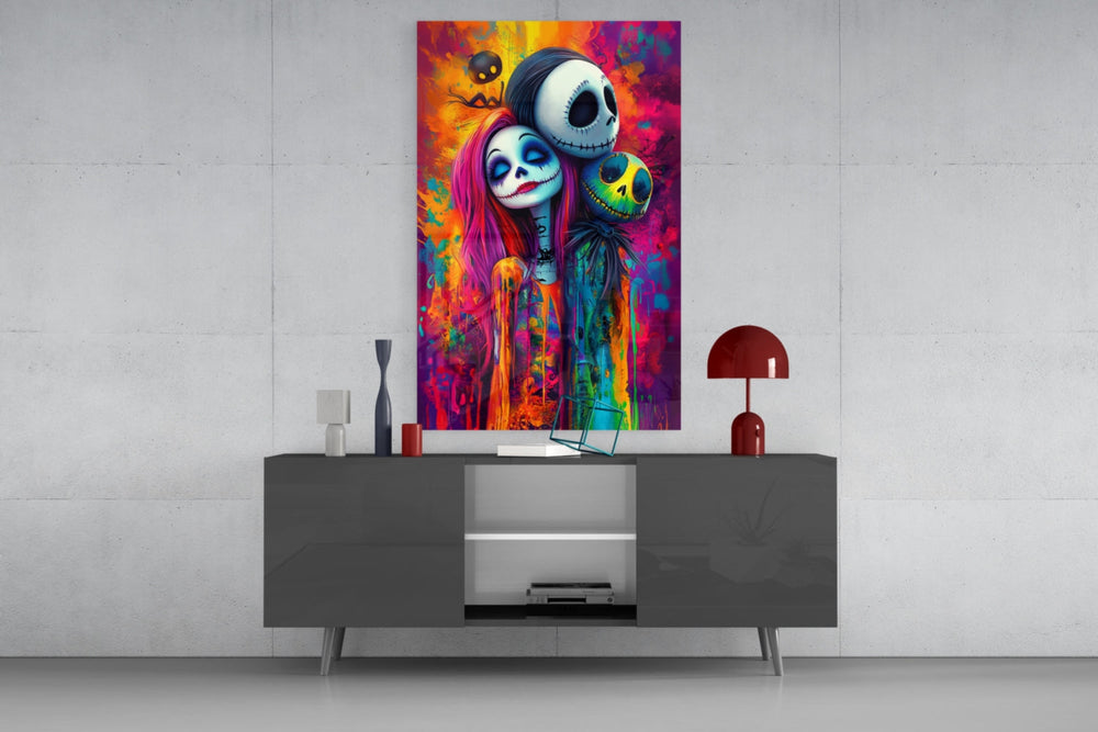 Colorful Nightmare glass wall art catching light to reveal its painted drips