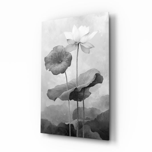 Black and White Water Lily glass wall art in a quiet meditation room