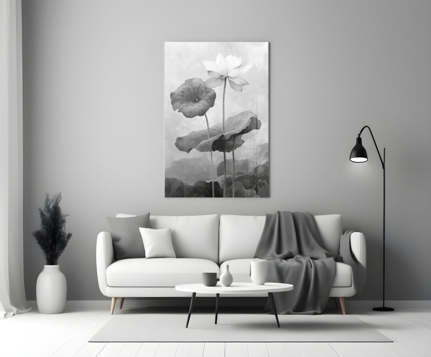 Black and White Water Lily Glass Wall Art || Designer Collection