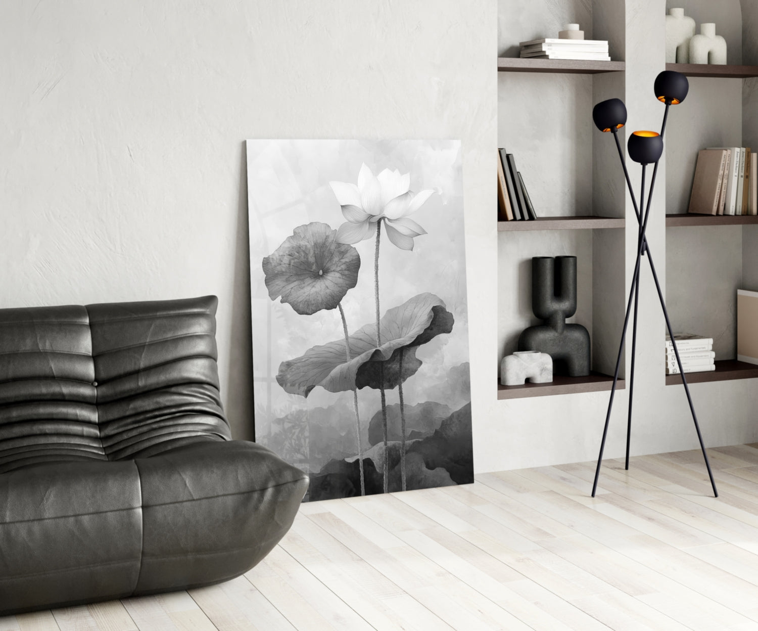 Black and White Water Lily Glass Wall Art || Designer Collection