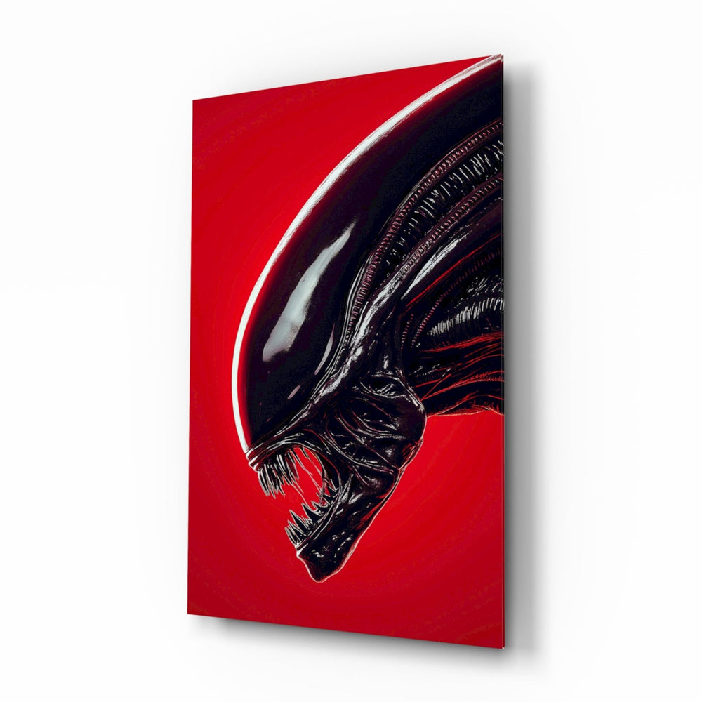Alien Red Menace glass wall art in a modern home cinema