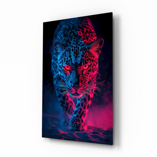 Neon Leopard glass wall art in a modern creative loft