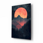 Red Moon Rising glass wall art in a modern living room