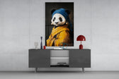 Panda with a Pearl Earring glass wall art catching light to reveal its painted texture