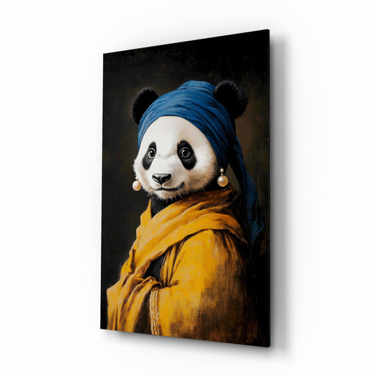 Panda with a Pearl Earring glass wall art in a modern creative loft