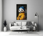 Close-up detail of panda Vermeer with pearl earring behind glass