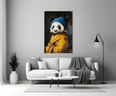 Close-up detail of panda Vermeer with pearl earring behind glass