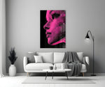 Close-up detail of halftone magenta profile behind glass