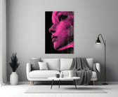 Close-up detail of halftone magenta profile behind glass