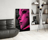 Pop-graphic glass print bringing retro-print edge to a boutique