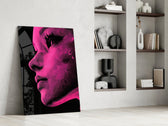 Pop-graphic panel against a moody dark-painted accent wall
