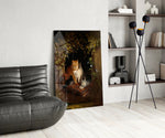 Old-Master glass print bringing cottage edge to a creative loft