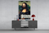 Modern Mona Lisa glass wall art catching light to reveal its painted tags