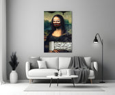 Close-up detail of Mona Lisa with mask and dollar-rolls behind glass