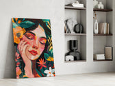 Botanical portrait panel against a moody dark-painted accent wall