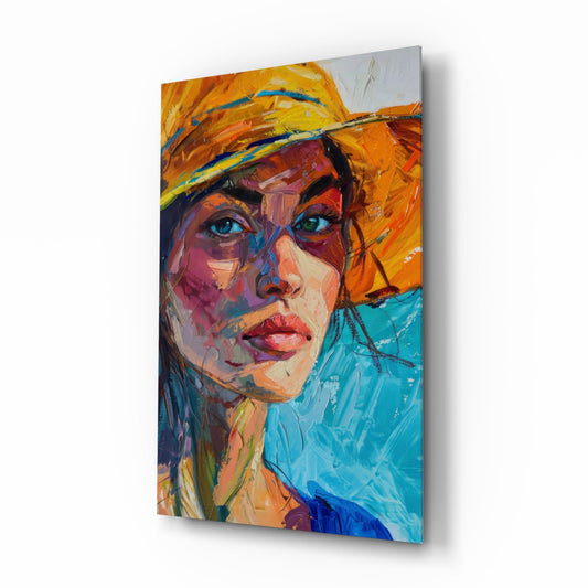Woman in Orange Hat glass wall art in a coastal living room