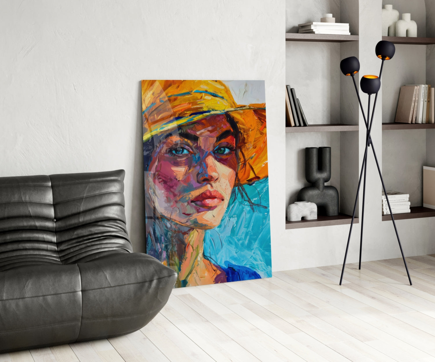 Woman in Orange Hat Glass Wall Art || Designer Collection