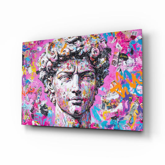 Graffiti David glass wall art in a modern creative loft