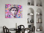 Pop-graffiti glass print bringing classical-pop edge to a modern living room