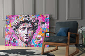 Graffiti yatay panel against a moody dark-painted accent wall