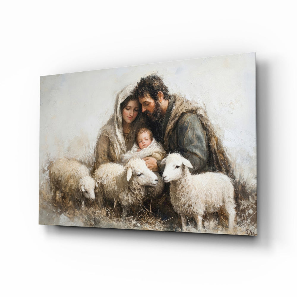 Holy Presence glass wall art in a contemplative living room
