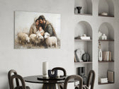 Sacred glass print bringing pastoral edge to a hallway gallery